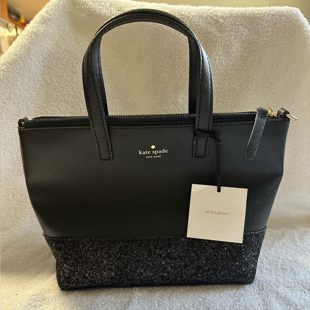 New Authentic Kate Spade ina Greta court black satchel glitter small hand bag